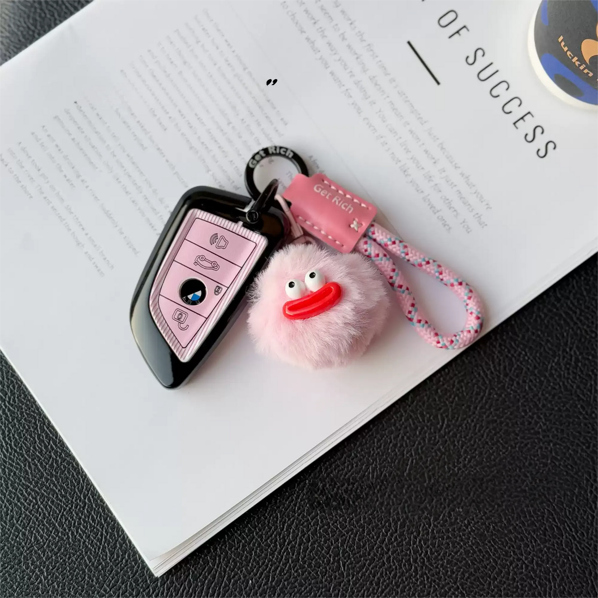 BMW car key cover for new 5 series 3 series 7 series X5/iX3/X1/X3/X6 full wrap pink · black stripes + love chain blade key